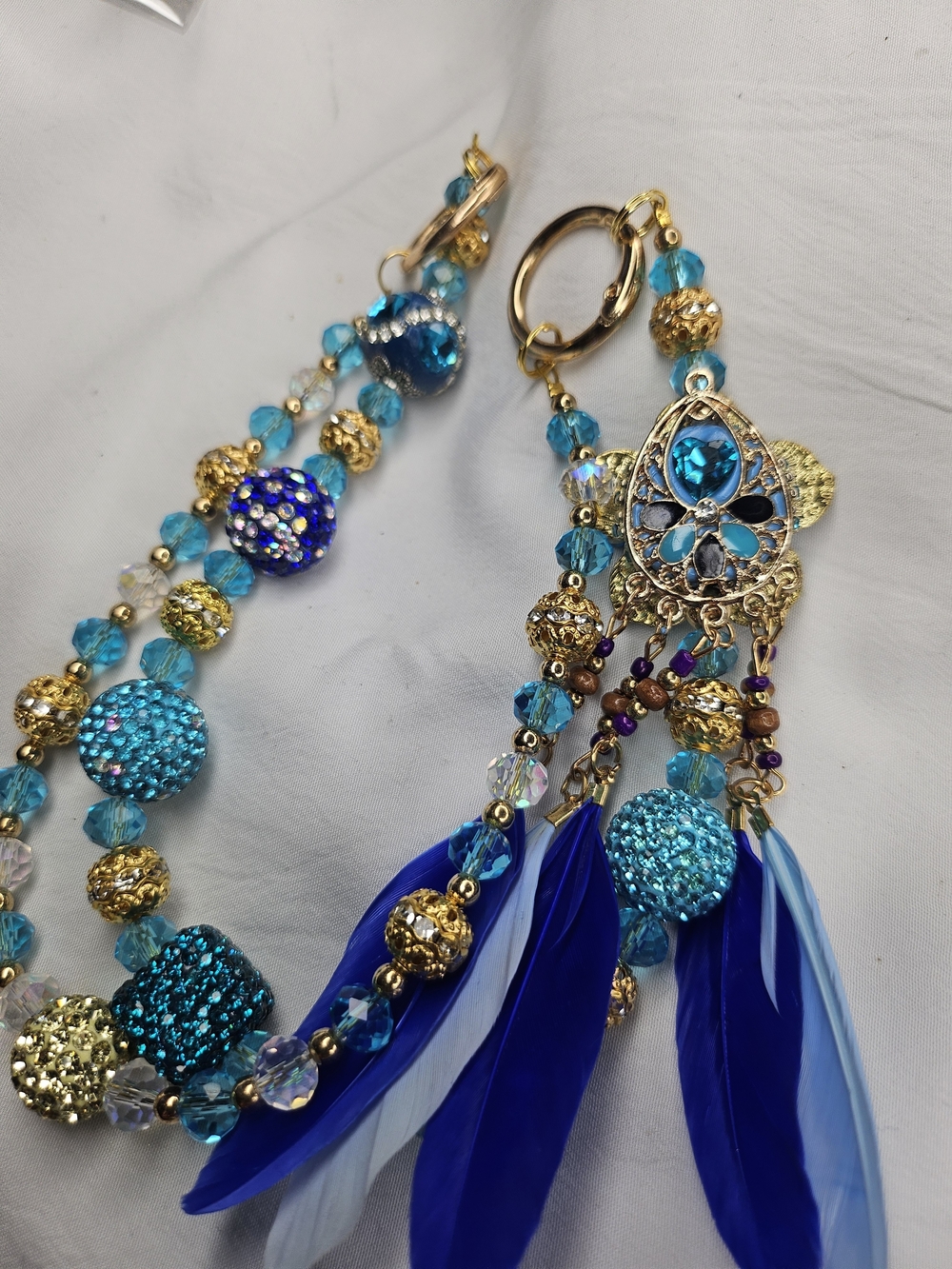 Elegant Gold & Blue Beaded Feather Earrings Necklace Set